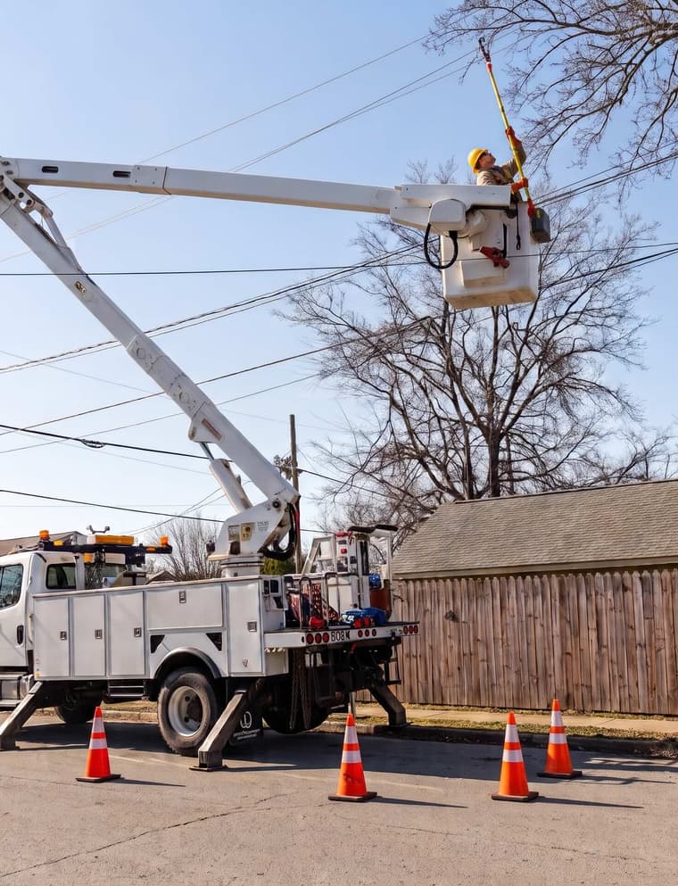 Hobbs Electric bucket truck with a lineman working an overhead distribution line